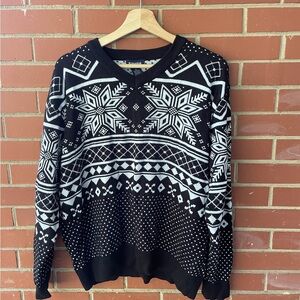 Elegant Black and White Snowflake V-Neck Sweater